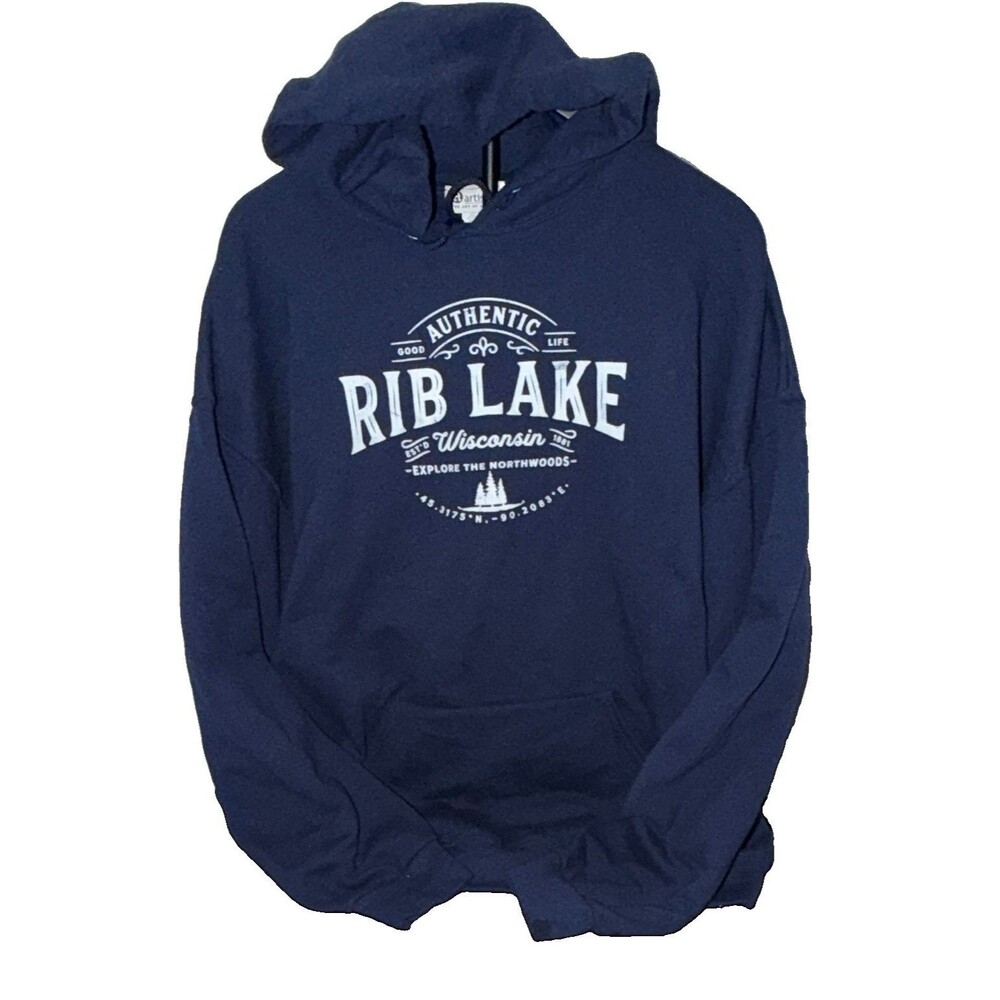 Artisans Blue Pullover Hoodie Men's 2XL Rib Lake Wisconsin Graphic Print Pockets